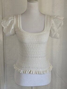 NEW Zara White Smocked Square-Neck Top with Eyelet Puff Sleeves